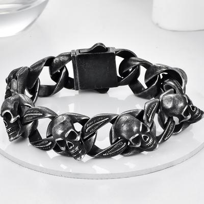 Matter Black Man Men's Bracelets Of Skull Head Cuban Link Chain Punk Goth Stainless Steel Skeleton Jewelry Boys Male Wristband