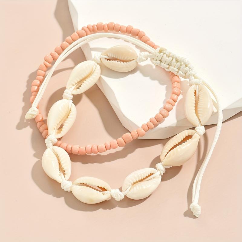 2PCS Summer Beach Anklet Handwoven Adjustable Shell Glass Bead Jewelry For Men Women Stackable Bohemian Vacation Accessories