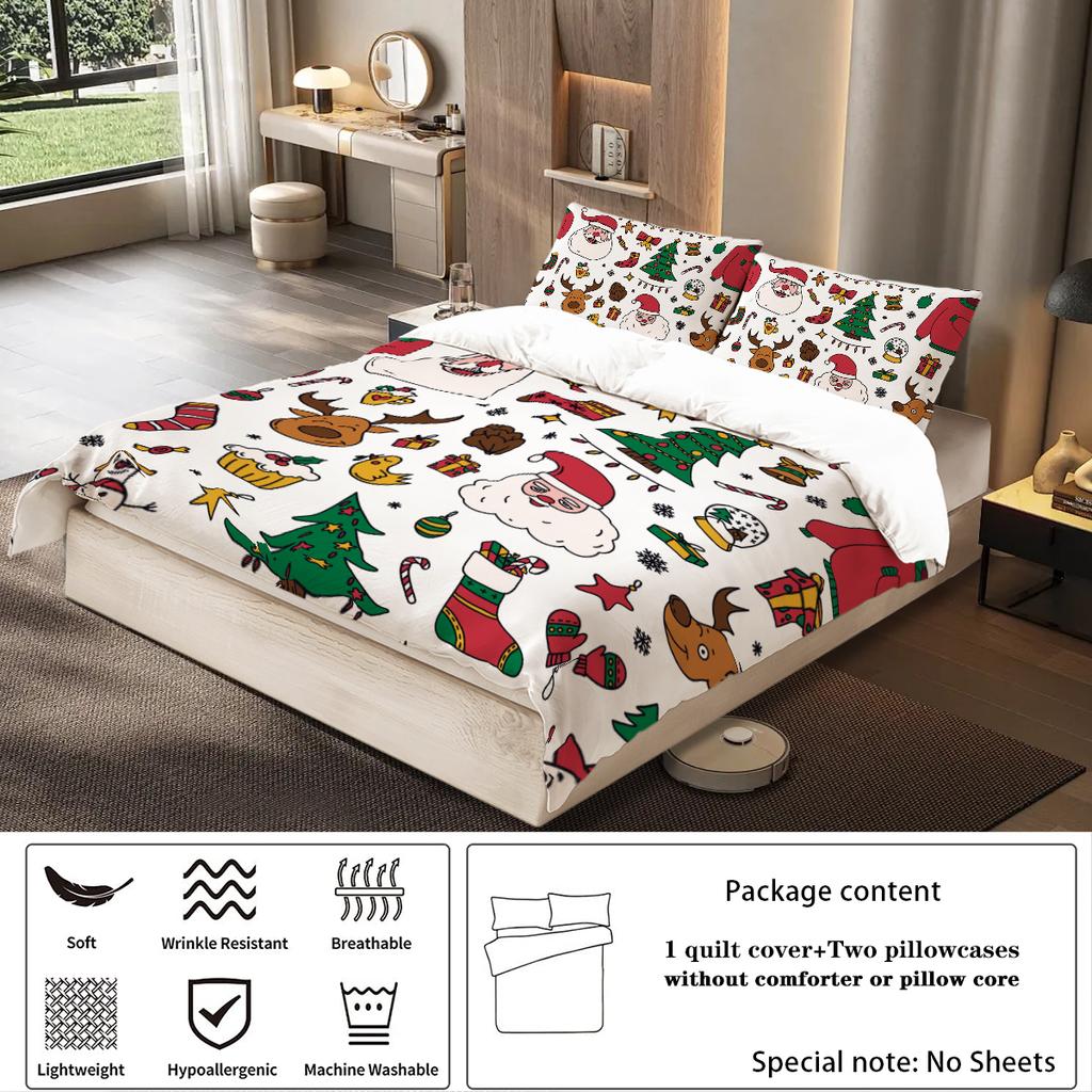 3-piece Christmas themed Santa Claus print (1 duvet cover+2 pillowcases, no core) soft and comfortable bedding set