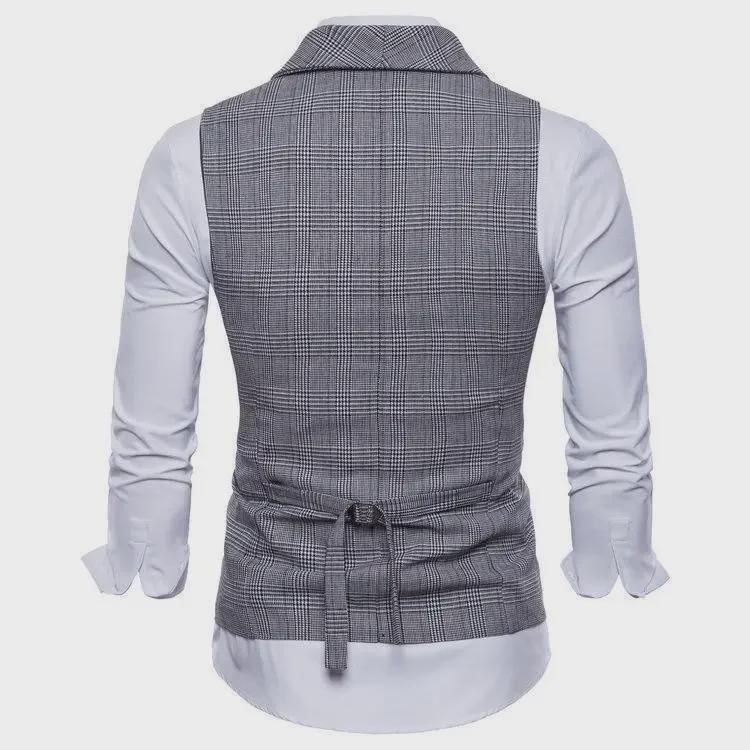 Spring & Autumn Men's Double-Breasted Plaid Suit Vest - Korean Slim Fit
