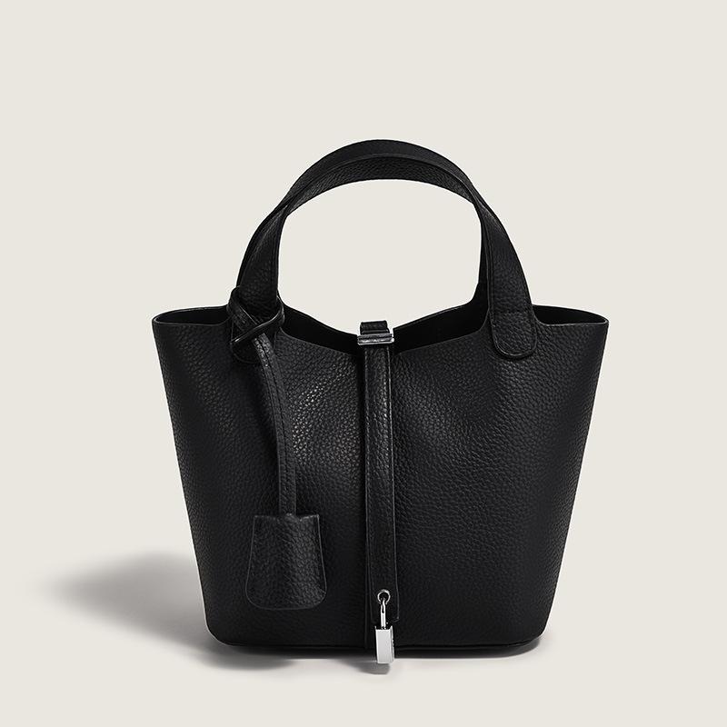 Echte Lederhandtasche, Damenhandtasche aus erster Schicht Rindsleder, lässige Mutter-Kind-Tasche, modische und schlichte Tasche aus Rindsleder mit Litschi-Muster, ein Stück