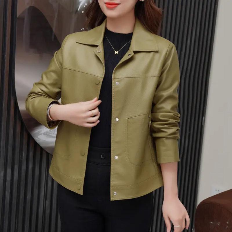 Women's High-End Leather Motorcycle Jacket - Slimming Short Style, Spring/Autumn 2025 Fashion