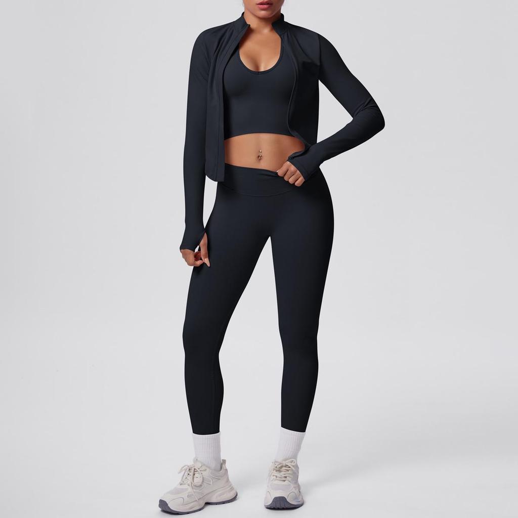 Cross-border Hip Lift Tight Seamless Pants with Shockproof Halter Bra and Skin-friendly Zipper Jacket Sport Yoga Set