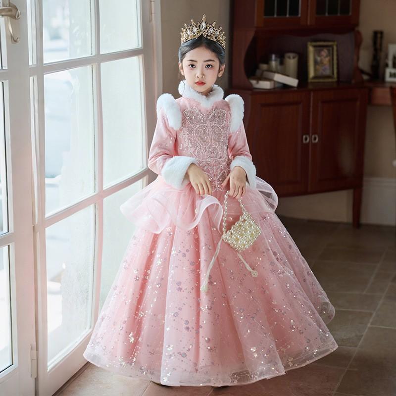 Girls Formal Dress Wedding Piano Performance Winter Thick Fleece Princess Gown