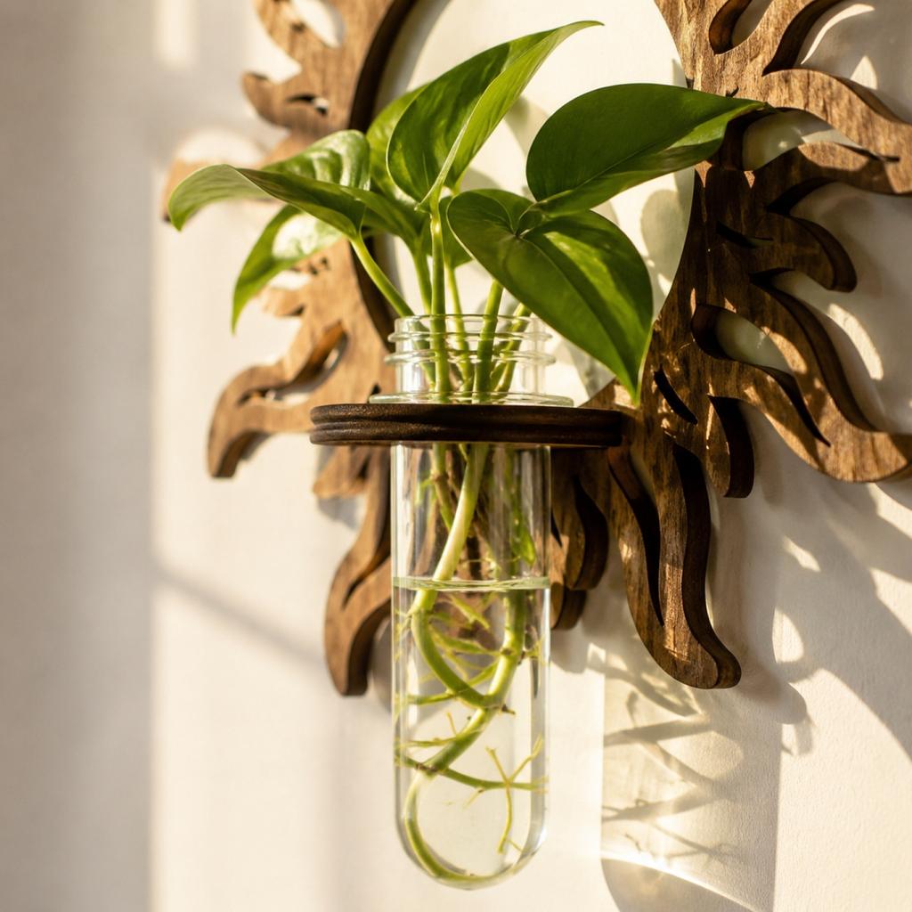 Wooden Sun Shaped Wall Mounted Hydroponic Plant Holder with Glass Test Tube Vase for Small Plants and Decorative Display Indoor Outdoor Use