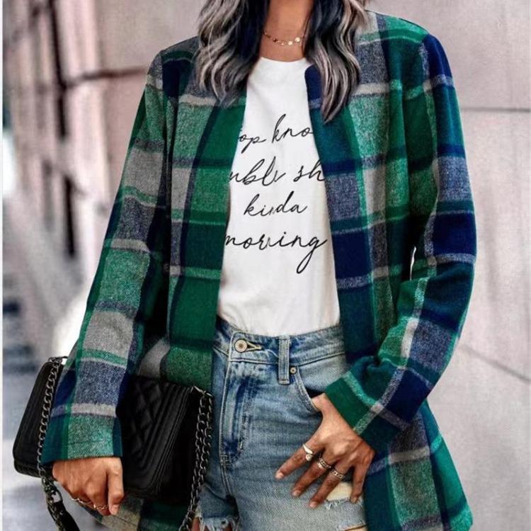 Women Vintage Casual Winter Wool Long Sleeve Loose Coat Polo Neck Jacket Plaid Print Pocket Outerwear