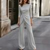 2026 Womens Solid Color Round Neck Asymmetrical Top Flare Pants Set Elegant Office Casual Outfit