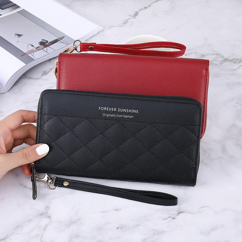 New Korean Style Lady Long Zipper Wallet Solid Color Simple Diamond Card Holder Large Capacity Hand Clutch Bag