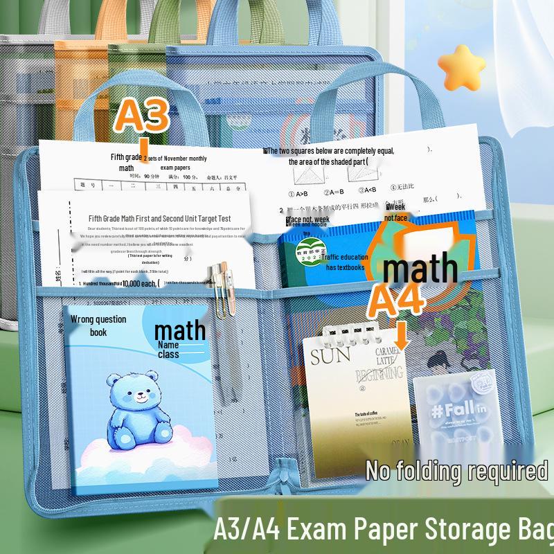 L-Shaped A4 Exam Paper Storage Bag with Zipper, Mesh Pockets, & Large Opening for Middle School Students