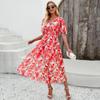 Feminino outono inverno manga curta flor impressão com decote em v casual a linha tornozelo comprimento vestido de cintura alta