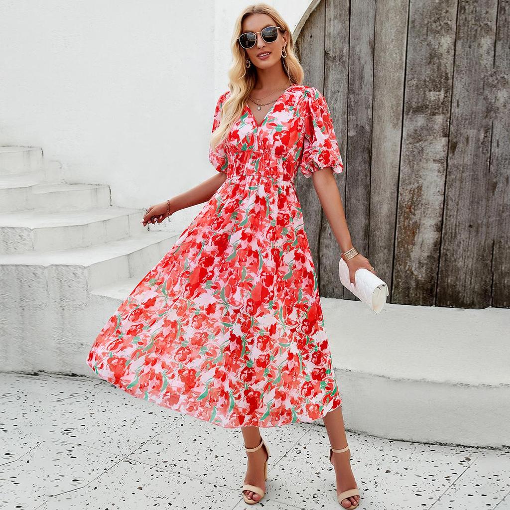 Feminino outono inverno manga curta flor impressão com decote em v casual a linha tornozelo comprimento vestido de cintura alta