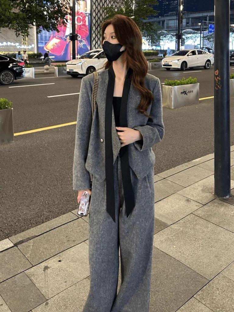 Women's Woolen Blazer & Straight-Leg Trousers Two-Piece Set for Autumn and Winter