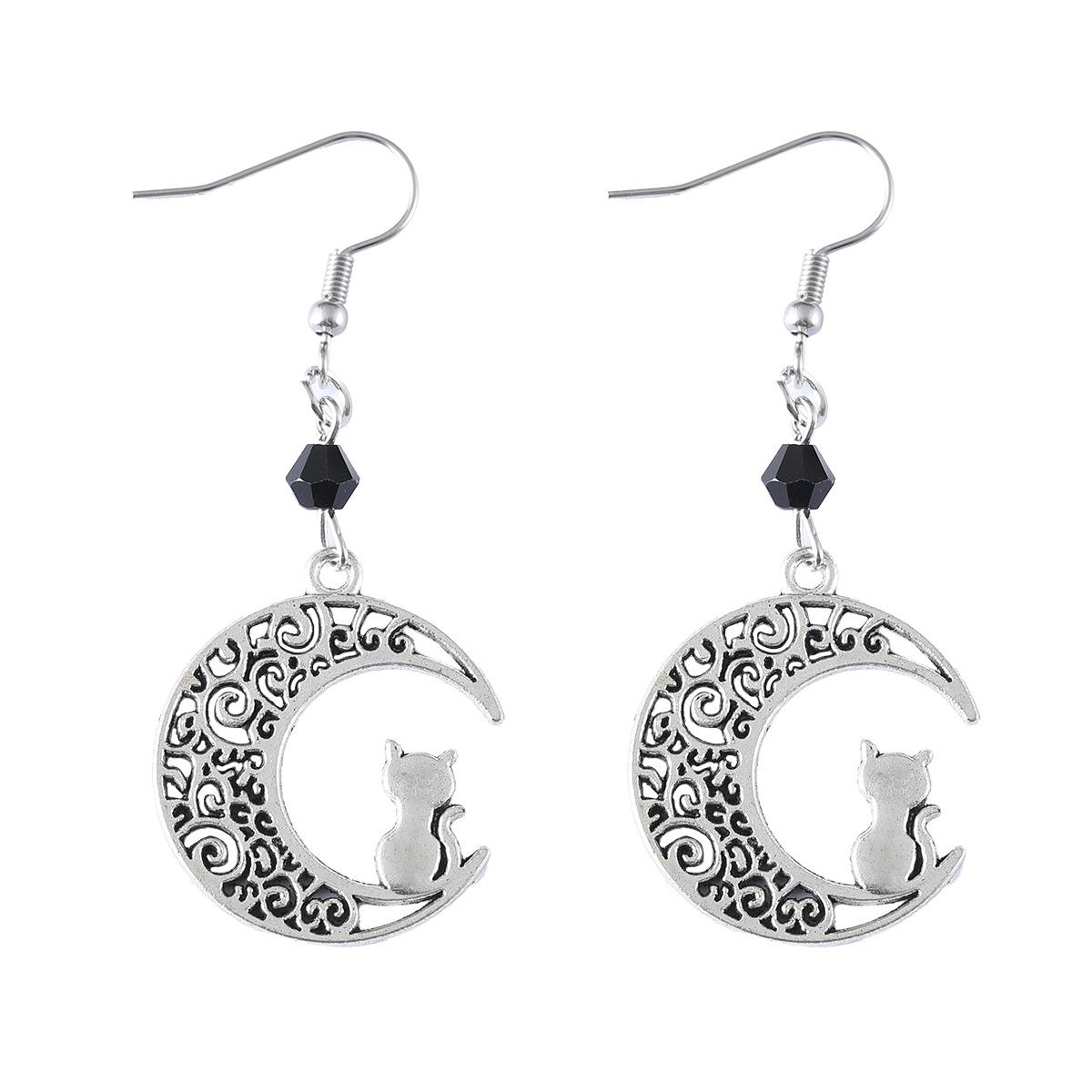 

New Hollow Moon Kitten Pendant Earrings, Fashionable and Simple Retro Black Gemstone Ear Jewelry срібний