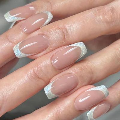 24Pcs/Set Quick Nails Short Ballet Simple White Border False Nials Sticker Wearable Waterproof Manicure Finished Nails