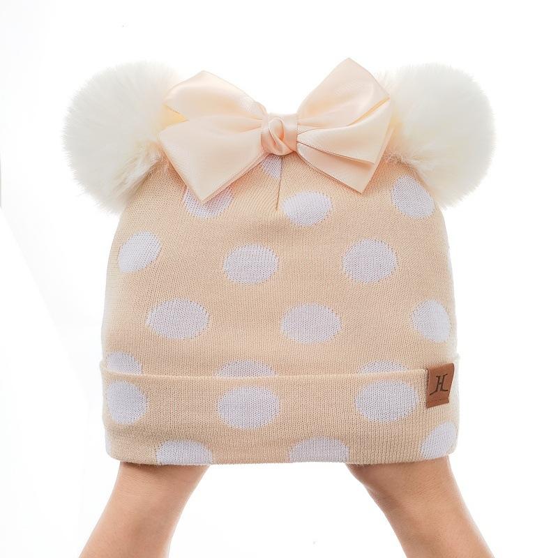 Bow Knot Polka Dot Woolen Hat Scarf Two-piece Set for Autumn and Winter Girls and Babies, Warm Set