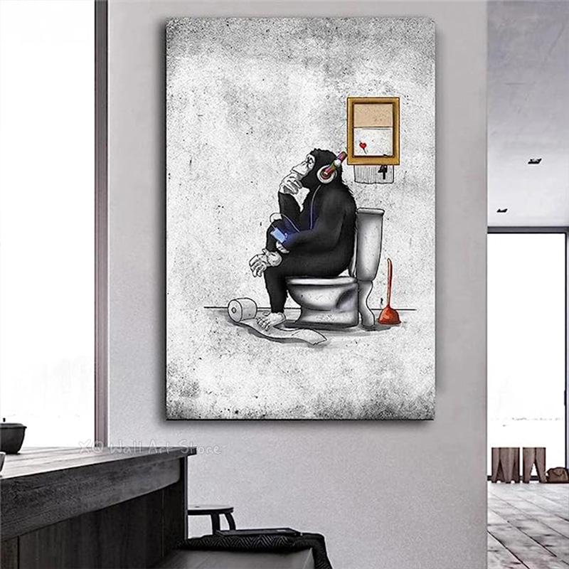 Monkey Sitting On The Toilet Thinking Canvas Painting Abstract Animal Poster Prints Wall Art Picture Living Room Decor Frameless
