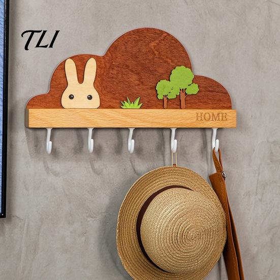 Entryway Organizer Shelf Solid Wood Key Holder with 5 Hooks, Decorative Wall Mounted Coat Rack Rack, Space Saving for Kitchen And Office Modern