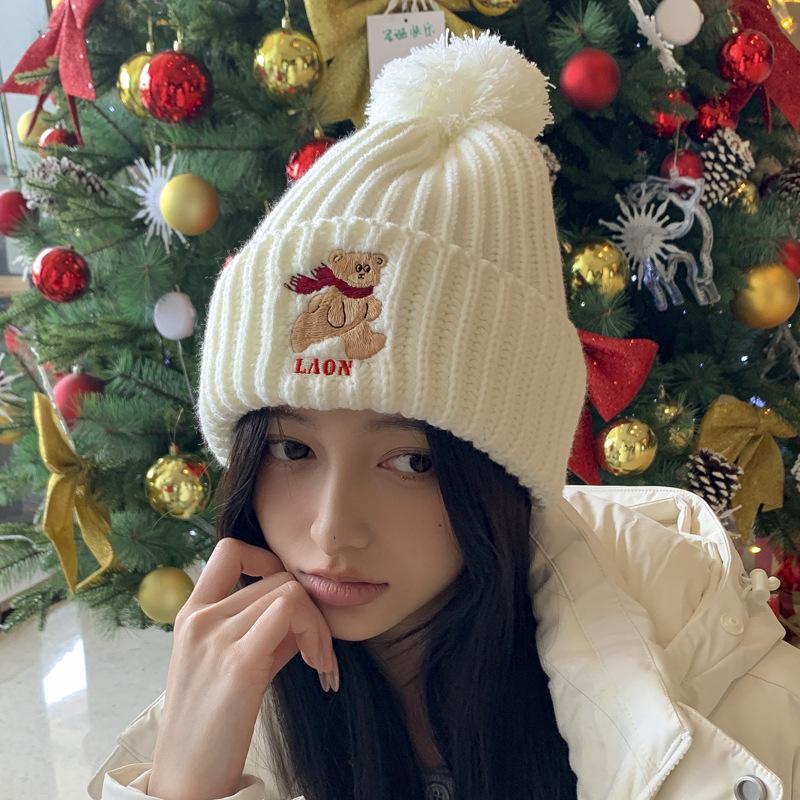 Cute bear embroidered knitted wool hat for children to keep warm in winter, thickened ear protectors, hairball cold hat to show small face