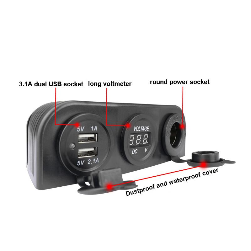 3.1A Dual USB Car Charger 12V/24V Cigarette Lighter Socket Outlet Voltmeter with 3 Holes Tent Base for Car Motorcycle Boat ATV
