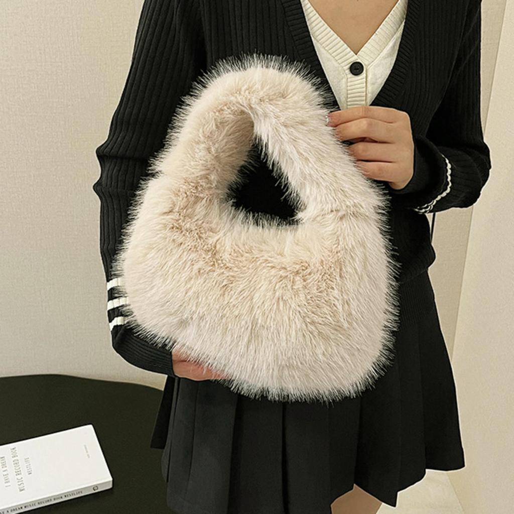 Modische Weiche Plüsch Halbmondtaschen für Damen Flauschige Kunstfell Damenhandtaschen Luxuriöse Kleine Tragetasche Weibliche Wintergeldbörsen