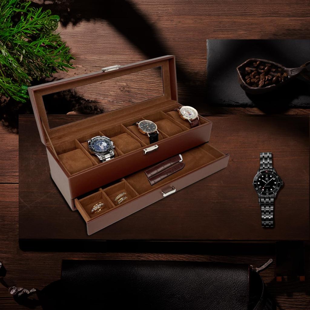 Mocamoro Watch Case for 6 Watches, 2 Tier Watch Box, Men's Luxury Watch Collection, Transparent Glass Top Display, Present