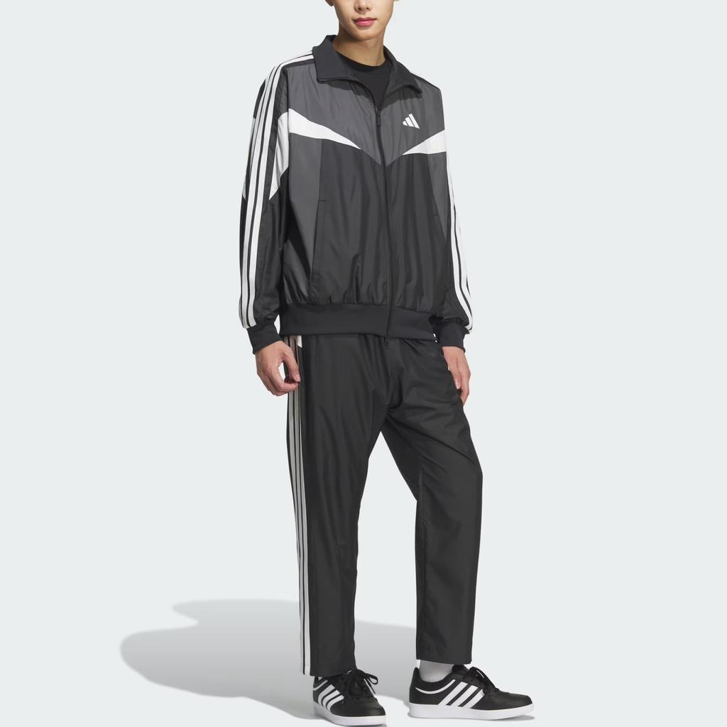 Adidas Roupa Desportiva Outono/Inverno 25 Essencial Solta Color Block Forro em Malha À Prova de Vento Respirável Jaqueta de Manga Comprida com Três Riscas Jaquetas Masculinas KF3677