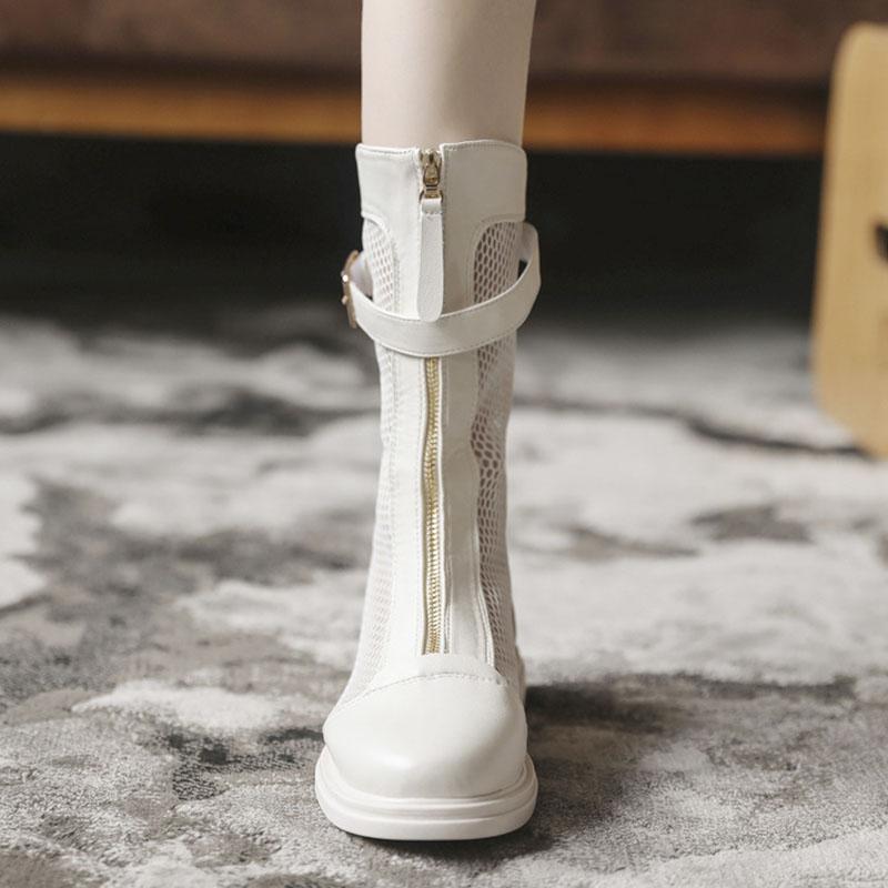 Mid -Calf Hollow Mesh Boots Women  Summer Belt Buckle Flat Sandal Boot Ladies Fashion Breathable Shoes Botas De Mujer