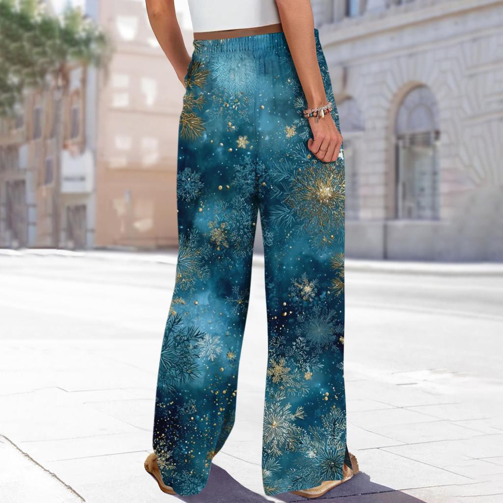 Ladies' Loose And Casual Christmas Printed Wide Leg Pants With Elastic Waistband Drawstring And Pocket Pants
