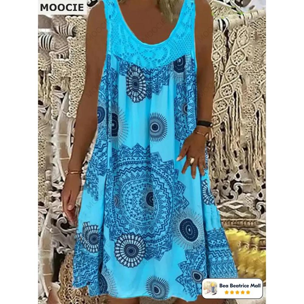 Letní dámské šaty bez rukávů Ležérní falešný dvoudílný kulatý výstřih Dámské džínové šaty Knoflíková ozdoba Volný střih A-line Dámské tílkové šaty