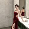 New Elegant and Sexy Velvet One-shoulder Evening Gown with Padded Cups Rhinestone Decoration High Slit Cut Out Mermaid Style Formal Party Long Dress