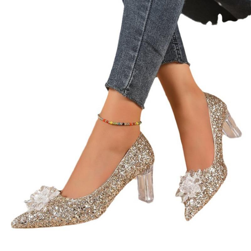 Mode Silber Pailletten High Heels Pumps Damen 2025 Herbst Kristall Blume Hochzeitsschuhe Frau Übergröße 42 Transparent Dick Absatz Partyschuhe
