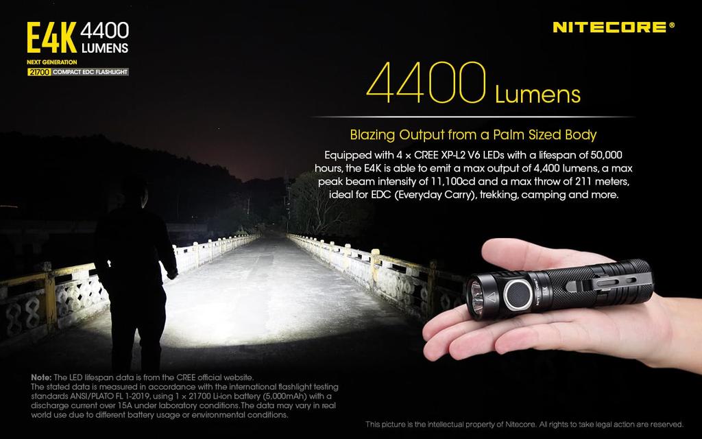 NITECORE E4K Handheld Flashlight, 4400 Lumens, CREE XP-L2 V6 LEDs X4, 21700 X1