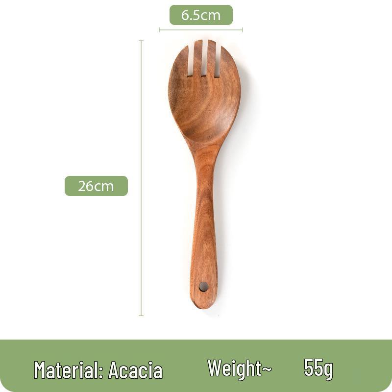 

«Набор кухонных принадлежностей из тикового дерева»: Лопатка с антипригарным покрытием, вилка для салата, дуршлаг, ложка для супа — отделка из акации