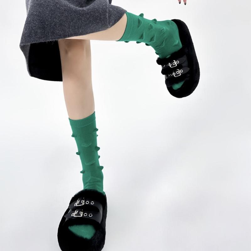 Womens Harajuku Cotton Crew Socks 3D Raised Point Cute Hedgehog Thorns Solid Color Skateboard Middle Tube Calf Socks