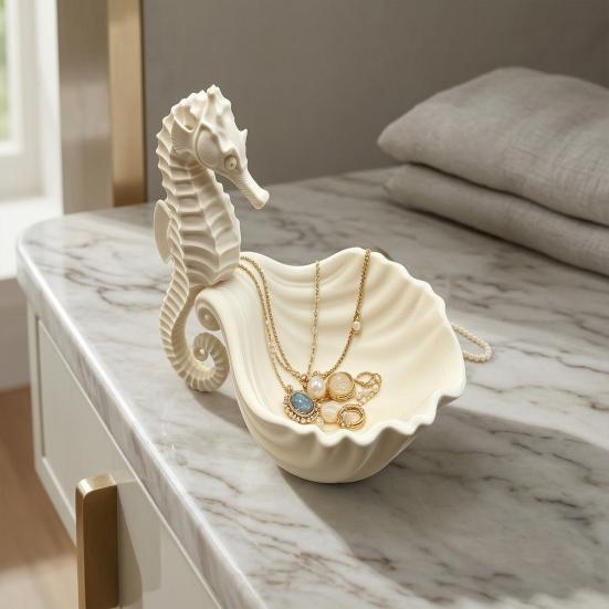 3D Printed Sea Horse Jewelry Display Stand with Shell Matte White Dual-Use Ornament
