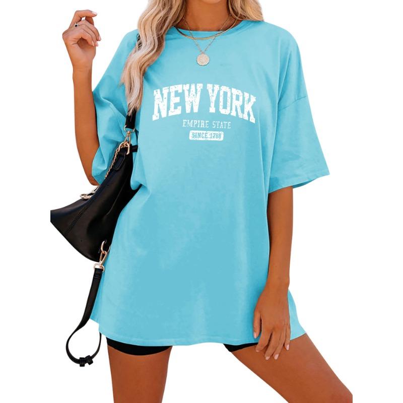 

Женская футболка большого размера с V-образным вырезом и коротким рукавом с буквенным принтом. Женские футболки 2XL небесно-голубой