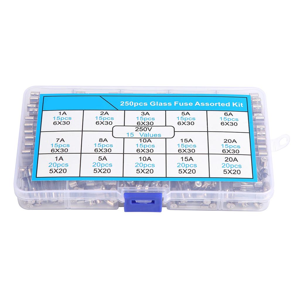 250 Pcs Glass Fuse 6x305x20mm Insulation Heat Resistance Flame Retardancy Fuses Assortment Kit