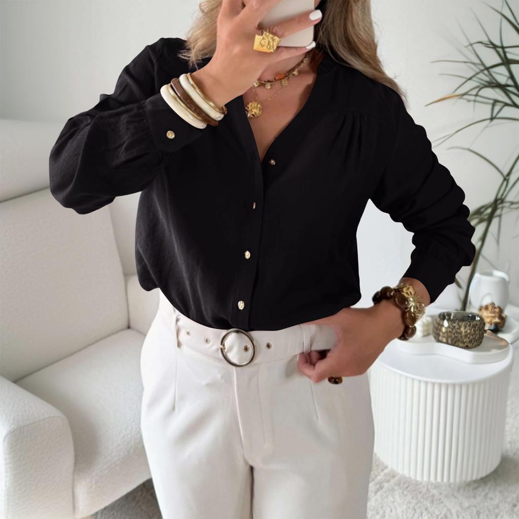 Women's Casual Loose-Fit V-Neck Button-Up Long-Sleeve Blouse With Flounce Collar