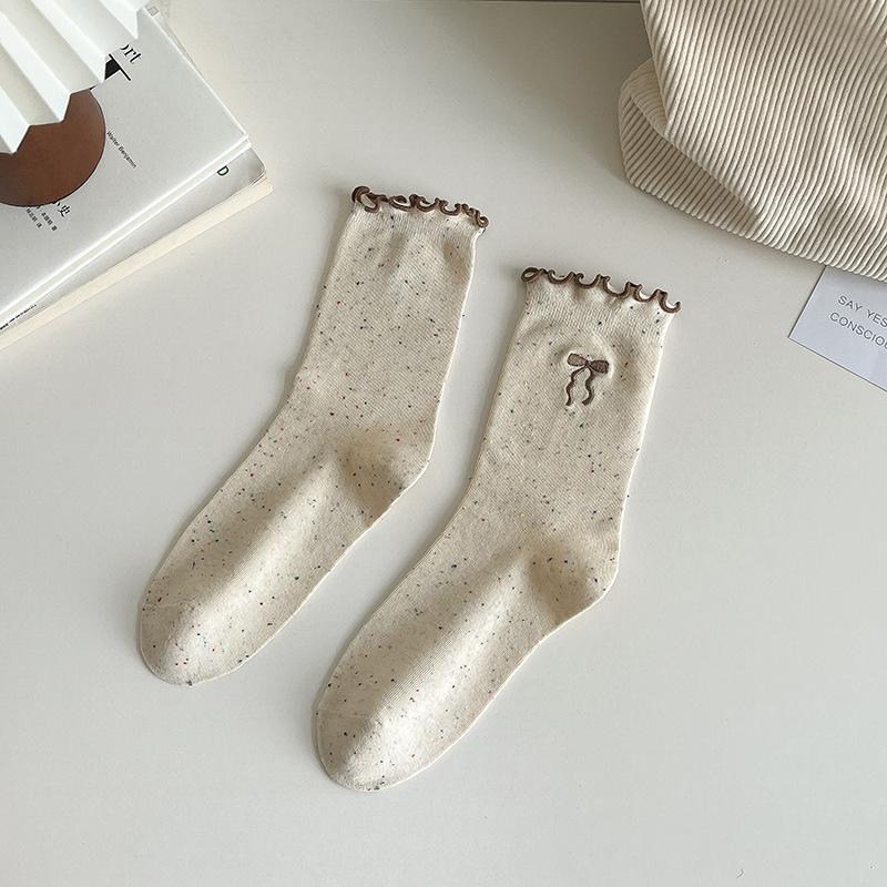 Pre-Autumn Combed Cotton Socks, Mid-Tube Socks, Sweat-Wicking Breathable Lace Bow Embroidery Stack Socks