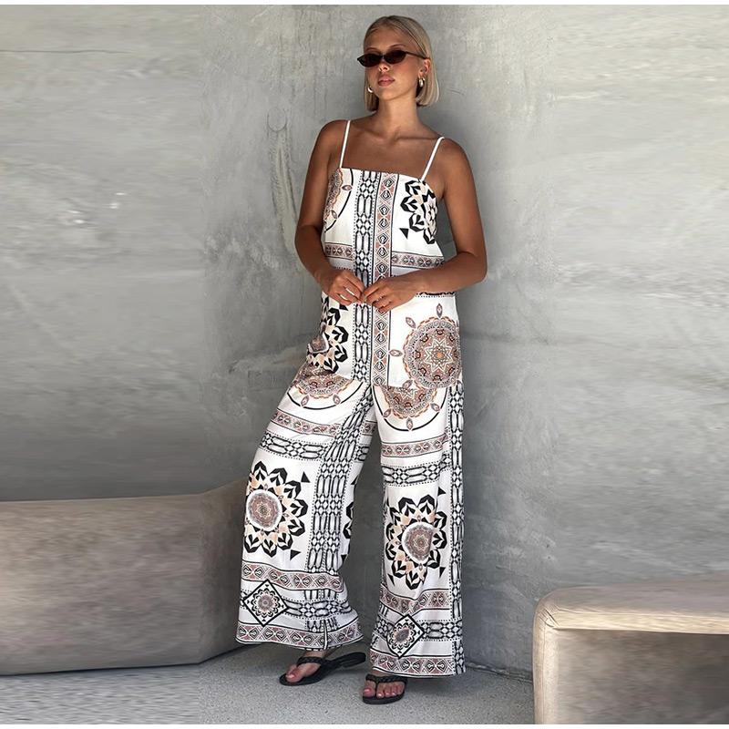 Vintage Print Strap Vest Pants Set Women Sleeveless Backless Tube Top Wide Leg Loose Trousers Female 2025 Fashion Holiday Suit