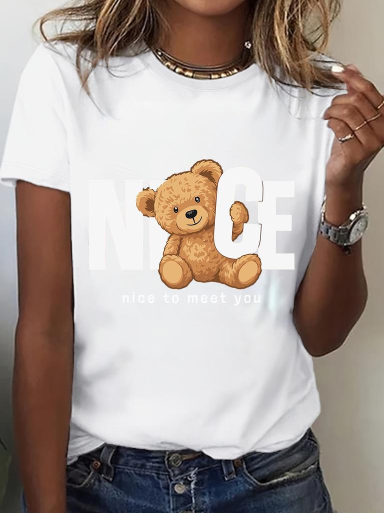 Unisex Cotton T-shirt with Plush Bear Print Round Neck Short Casual Unisex with Fun Letter Designs for Daily Wear