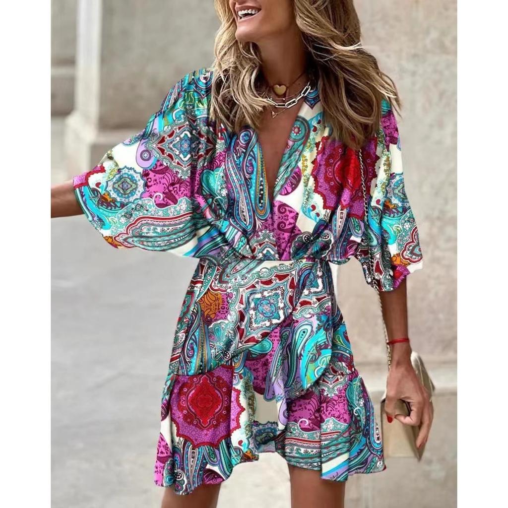 Women's V Neck Short Sleeve Midi Dress Loose Fit Casual Irregular Hem Gown