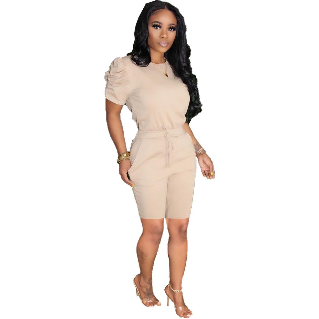 Zweiteilige Sets Damen-Outfits 2023 Sommermode Puffärmel-Rundhalsausschnitt-Top und lässiges Kordelzug-Taschen-Design-Tagesshorts-Set