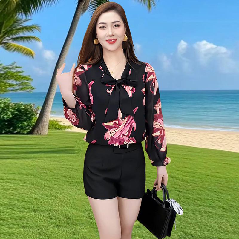 

Женский шифоновый топ с принтом и воротником-бантом - Стильная летняя и весенняя блузка для женщин среднего и пожилого возраста XXL for 105-120 jin красный