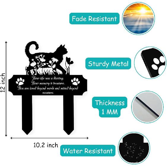 Cat Grave Marker Outdoor Memorial – 12in Metal Pet Memorial Plaque with Garden Cat Silhouette, Weatherproof Headstone for Yard or Indoor Tribute,