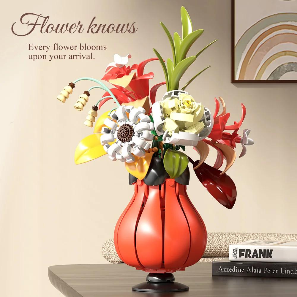 Non-Toxic 351Pcs Artistic Bouquet Building Blocks Flower With Vase Model Bricks Desktop Decoration Diy Toys For Children Holiday Gifts