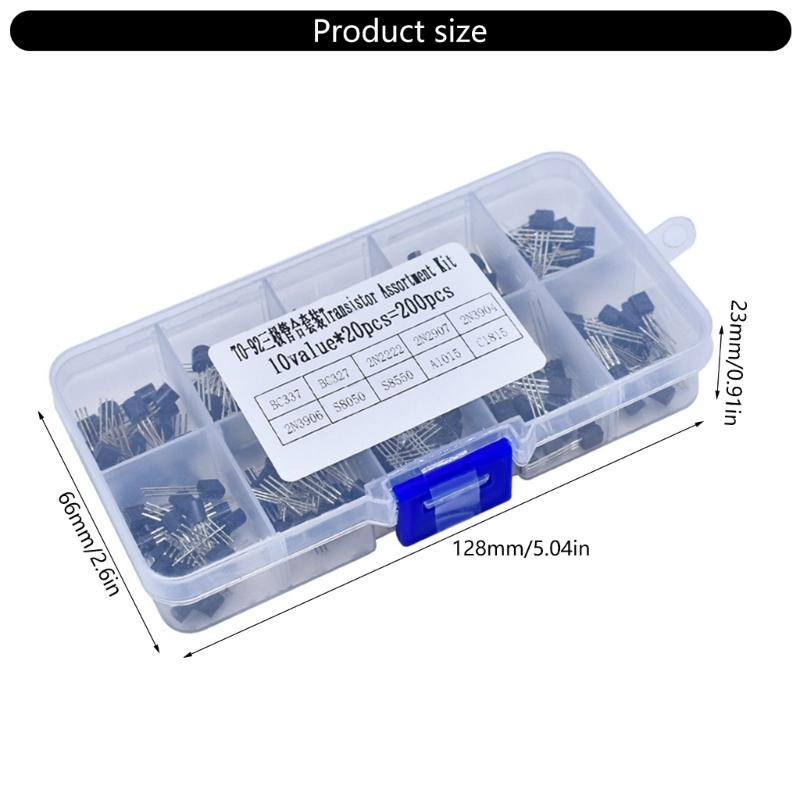200Pcs Electric Component 3Pin Transistor 10 Value Transistor Assortment for Electronic Circuit and Electronics Projects