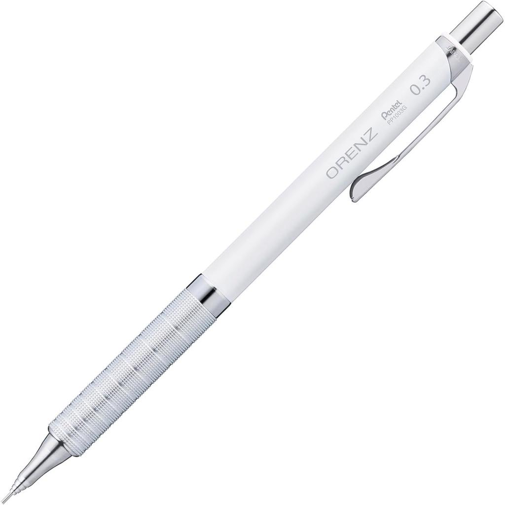 Pentel Orenz Metal Grip Mechanical White Pencil, 0.3mm, Barrel, XPP1003G2-RW