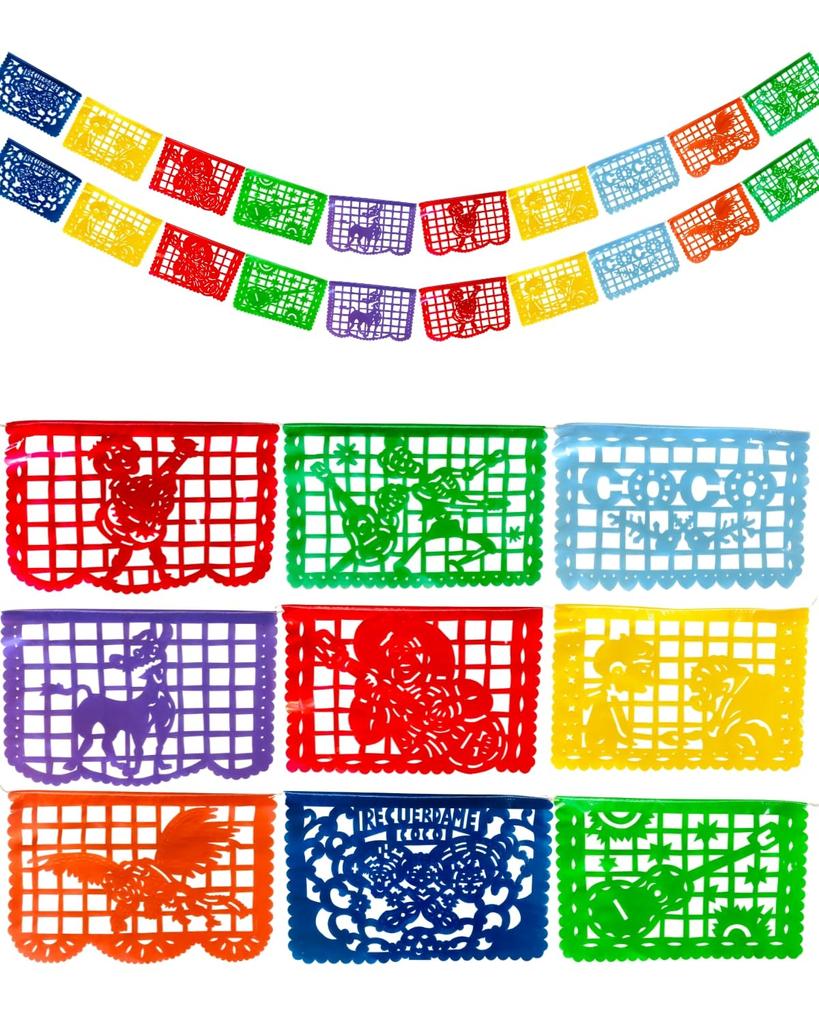 TexMex Zábavné věci Coco Inspirovaná Mexická Fiesta Plastové Papel Picado Barevné Dekorace Banneru Party Potřeby Ideální pro Jakoukoli Příležitost 2 Balení Chodidla