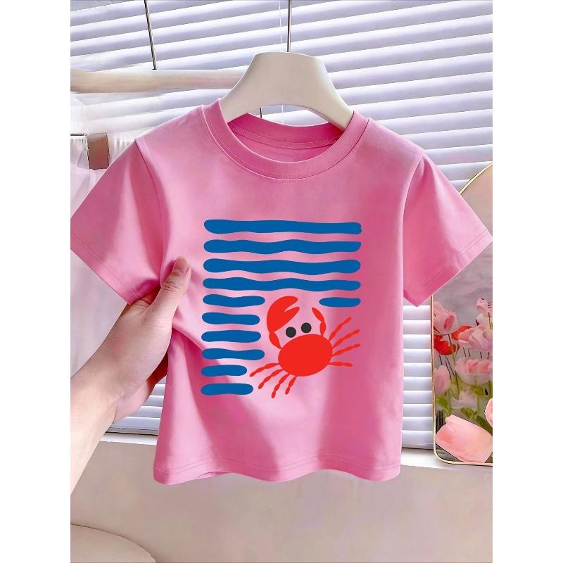 European sizes Summer Beach Vacation "Crab" Letter/Cartoon Print, Girls' Clothing Short Sleeve T-Shirt, Suitable for Summer Season Cool And Breathable